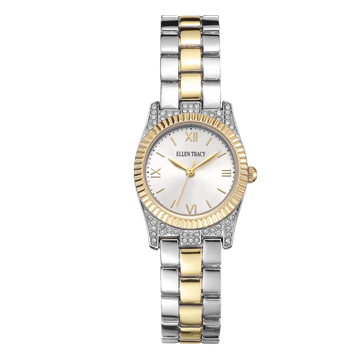 ELLEN TRACY Women's 26mm Round Two Tone Silver/Gold Watch, Silver Dial, Bracelet Band