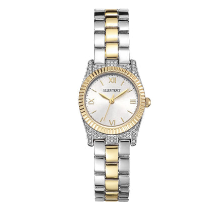 ELLEN TRACY Women's 26mm Round Two Tone Silver/Gold Watch, Silver Dial, Bracelet Band