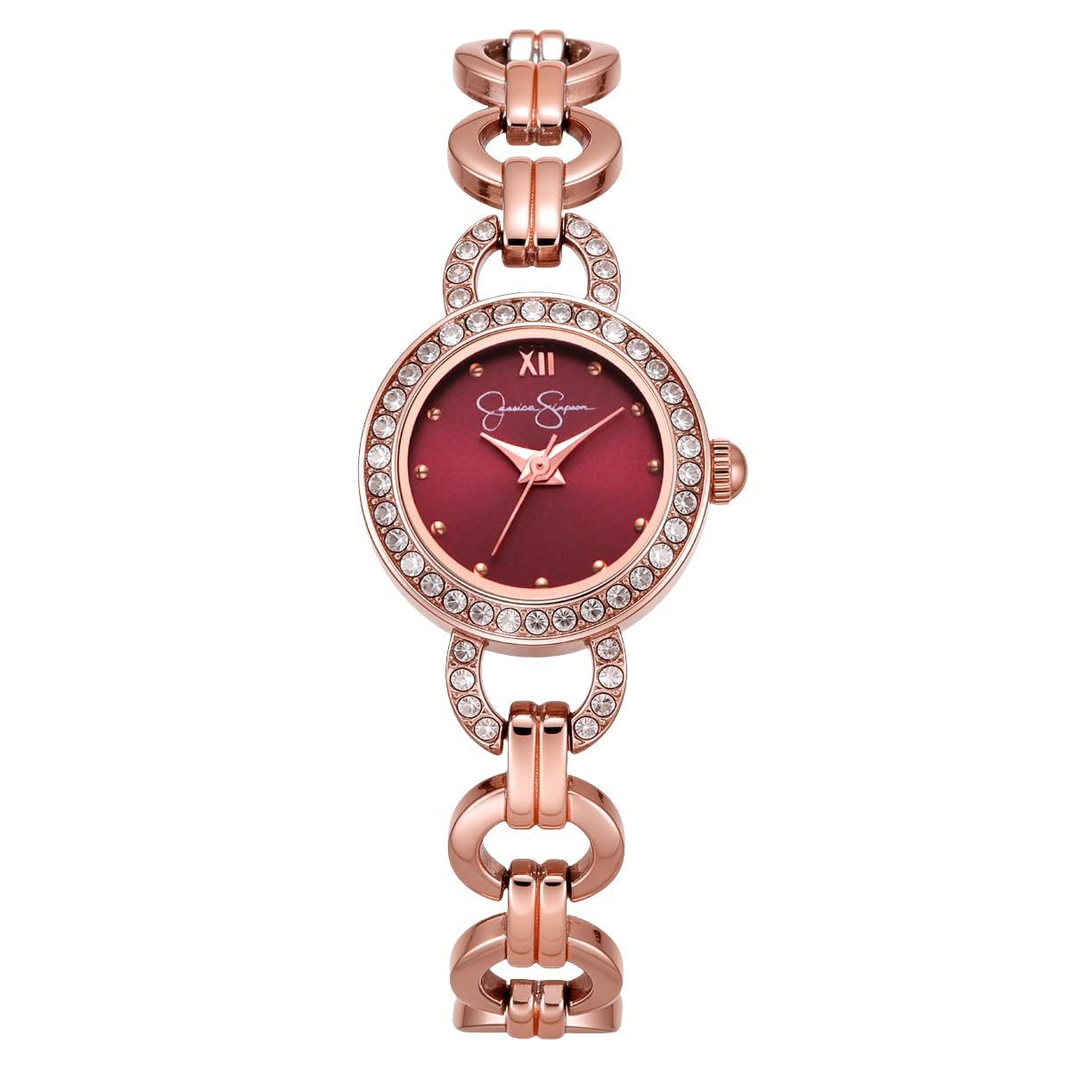 Jessica Simpson Women’s Round Rose Gold Watch 22mm Burgundy Dial Crystal Bezel