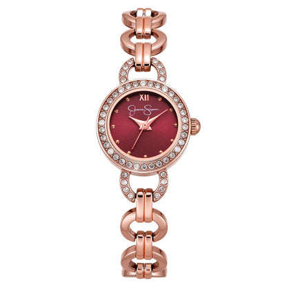 Jessica Simpson Women’s Round Rose Gold Watch 22mm Burgundy Dial Crystal Bezel