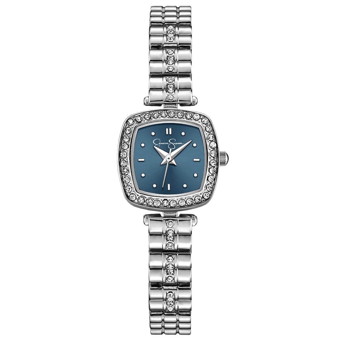 Jessica Simpson Women’s Cushion Silver Watch 22mm Teal Sunray Dial Crystal Bracelet