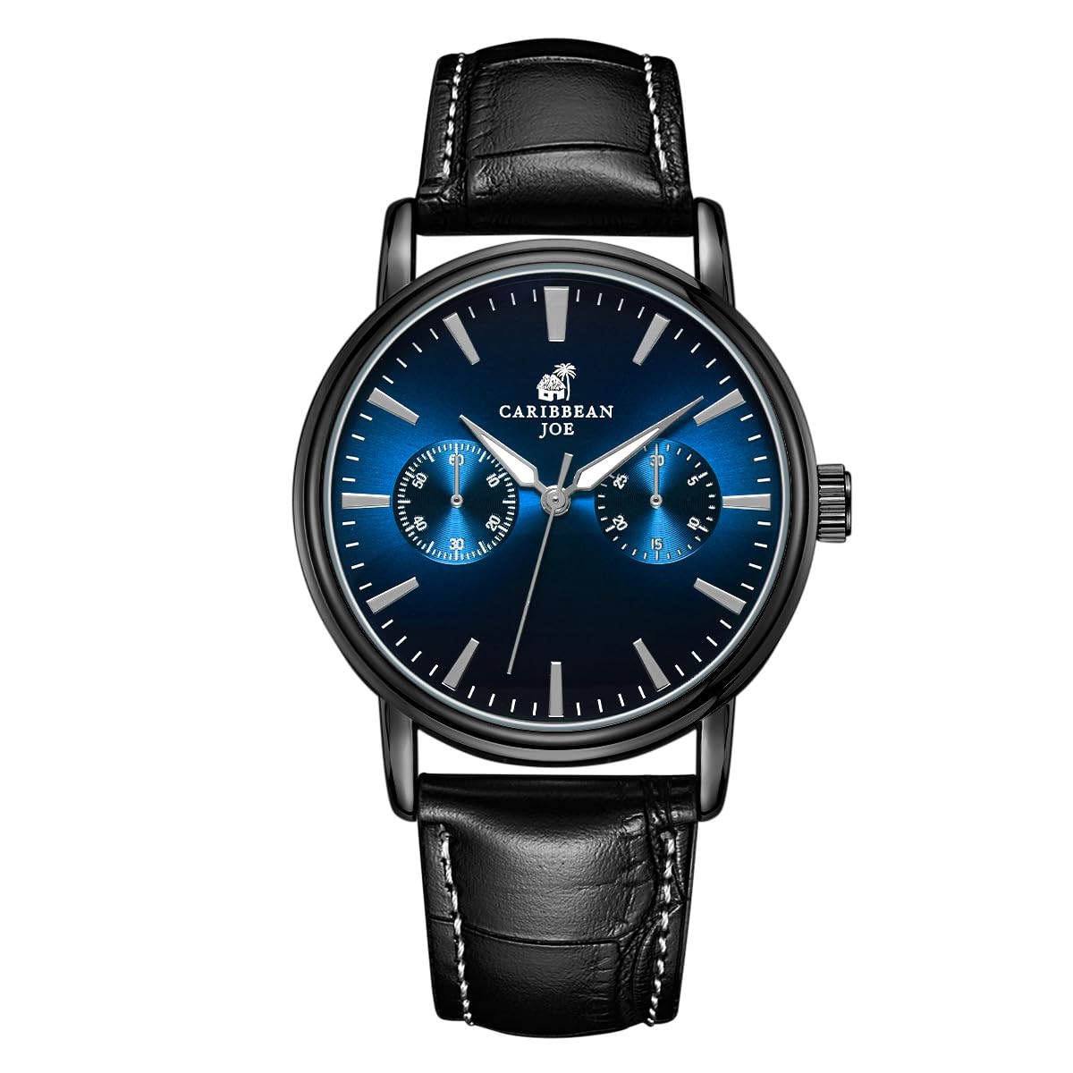 CARIBBEAN JOE Men’s Analog Watch with Blue Gradient Sunray Dial, Gunmetal 41mm Round Case, Decorative Subdials, Black Vegan Leather Strap, Quartz Movement, Casual Dress Wrist Watch