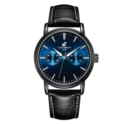 CARIBBEAN JOE Men’s Analog Watch with Blue Gradient Sunray Dial, Gunmetal 41mm Round Case, Decorative Subdials, Black Vegan Leather Strap, Quartz Movement, Casual Dress Wrist Watch