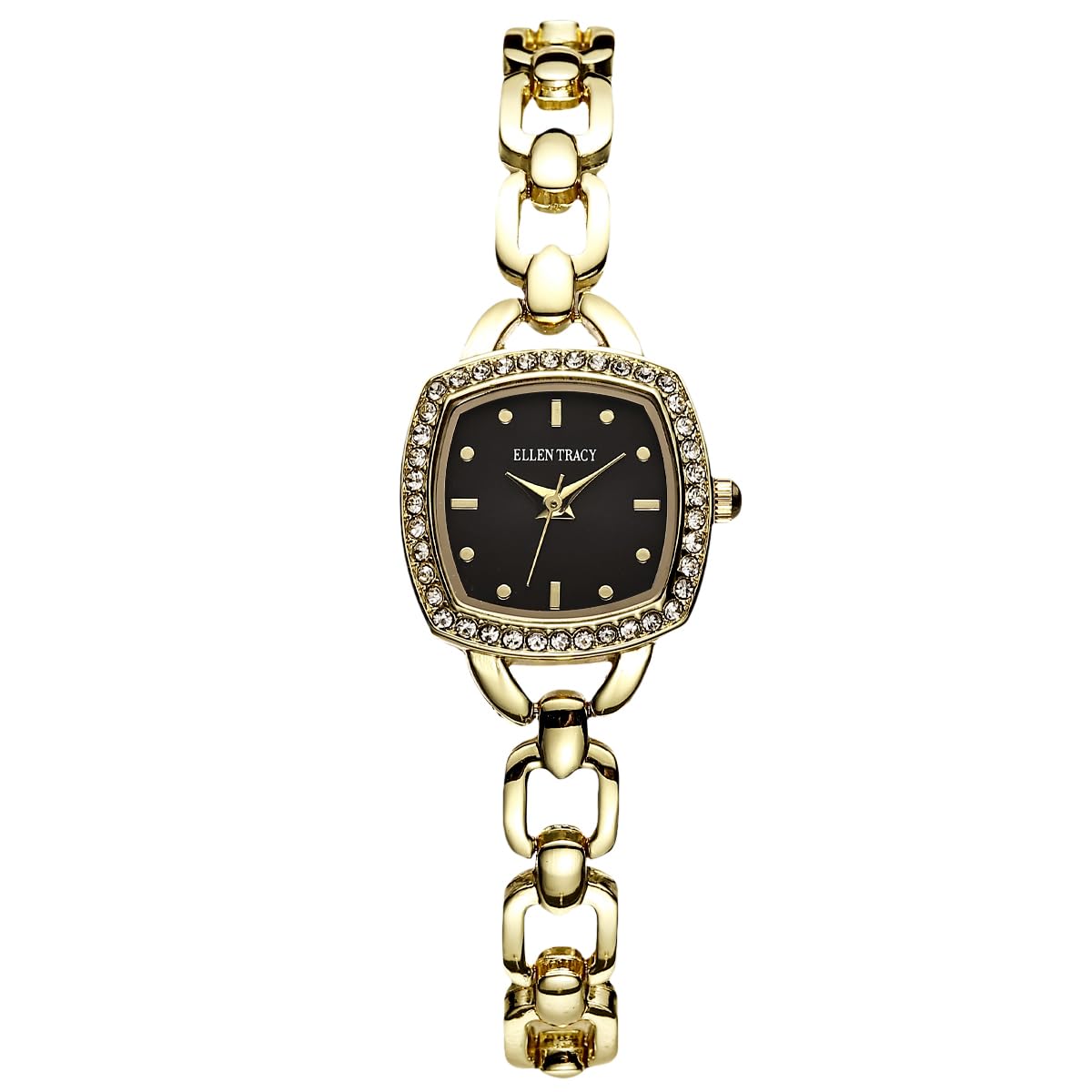 ELLEN TRACY Women's 22mm Cushion Goldtone Watch, Black Dial, Crystal Accents, Bracelet Band