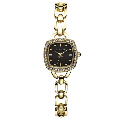 ELLEN TRACY Women's 22mm Cushion Goldtone Watch, Black Dial, Crystal Accents, Bracelet Band