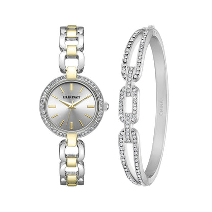 ELLEN TRACY Women's 28mm Round Two Tone Silver/Gold Watch and Bangle Gift Set, Silver Dial, Crystal Accents
