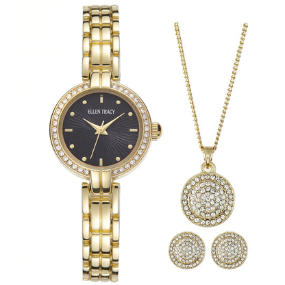 ELLEN TRACY Women's 24mm Round Goldtone Watch and Jewelry Gift Set, Black Dial, Crystal Accents