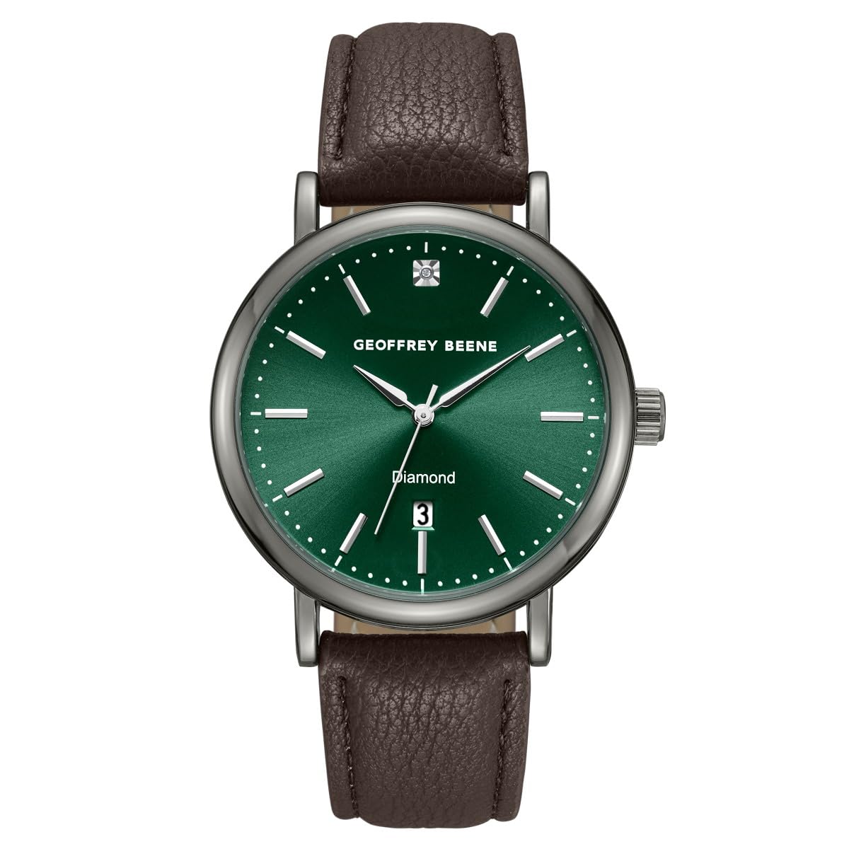 Geoffrey Beene Men’s Round Gunmetal Watch 41mm Green Sunray Dial PU Strap Diamond Accent