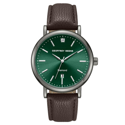 Geoffrey Beene Men’s Round Gunmetal Watch 41mm Green Sunray Dial PU Strap Diamond Accent