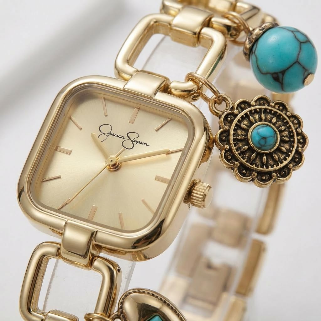 Jessica Simpson Charm Watch for Women - Gold Square 22mm Case, 4 Hanging Charms, Bracelet Style, Analog Quartz, Fashion Jewelry Accessory Gift (Gold)