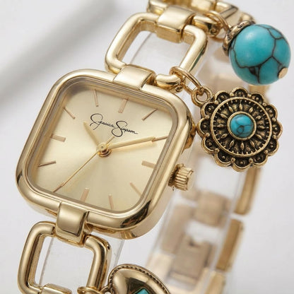 Jessica Simpson Charm Watch for Women - Gold Square 22mm Case, 4 Hanging Charms, Bracelet Style, Analog Quartz, Fashion Jewelry Accessory Gift (Gold)