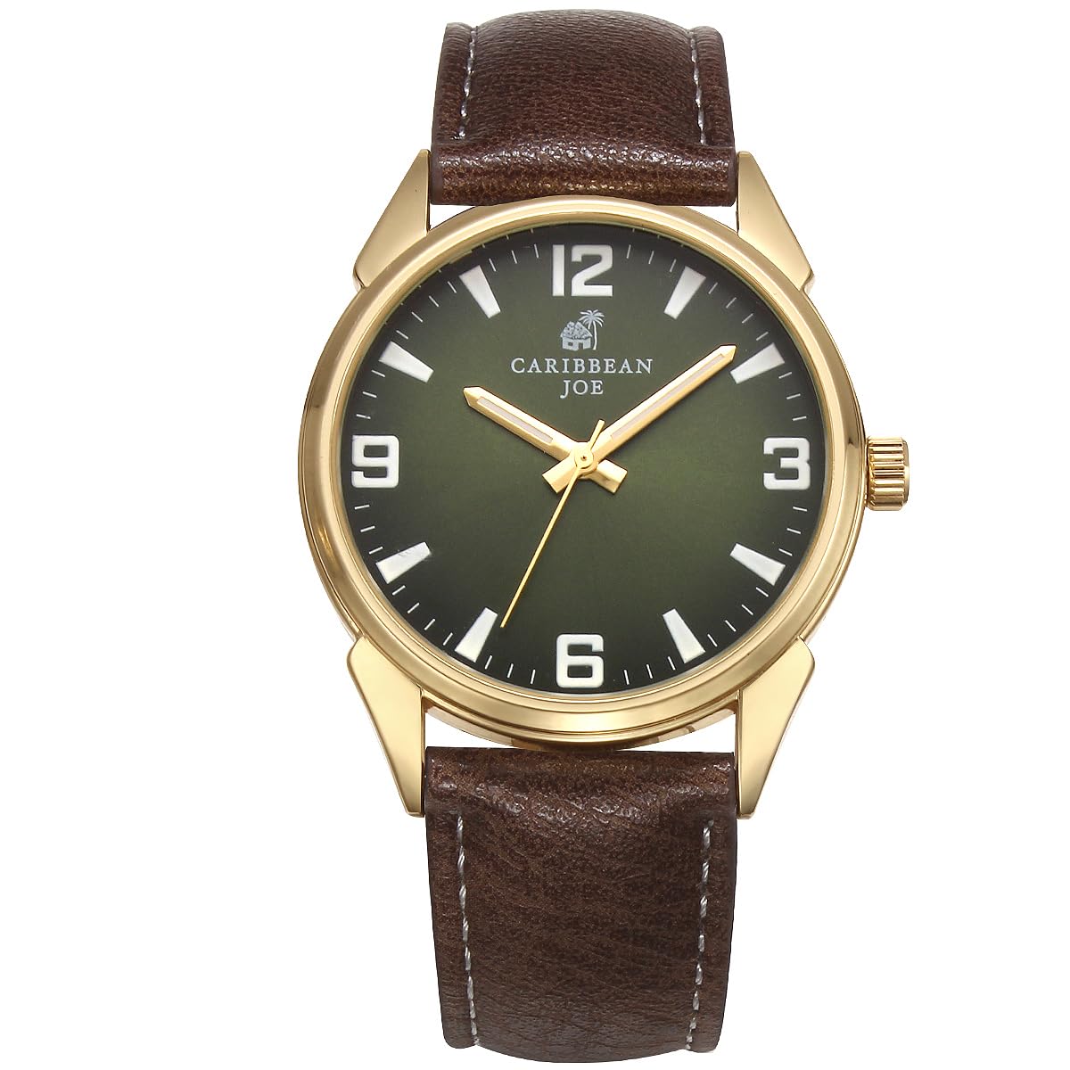 CARIBBEAN JOE Men’s Analog Watch with Green Gradient Degrade Dial, Gold-Tone 41mm Round Case, Gilt Hour Markers, Brown Vegan Leather Strap, Quartz Movement, Casual Dress Wrist Watch