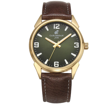 CARIBBEAN JOE Men’s Analog Watch with Green Gradient Degrade Dial, Gold-Tone 41mm Round Case, Gilt Hour Markers, Brown Vegan Leather Strap, Quartz Movement, Casual Dress Wrist Watch
