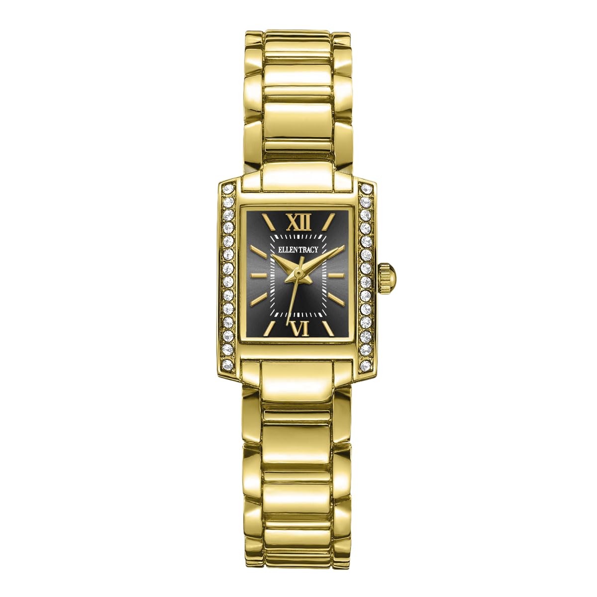 ELLEN TRACY Women's 20mm Rectangle Goldtone Watch, Black Dial, Crystal Accents, Bracelet Band