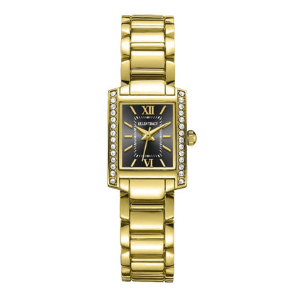 ELLEN TRACY Women's 20mm Rectangle Goldtone Watch, Black Dial, Crystal Accents, Bracelet Band