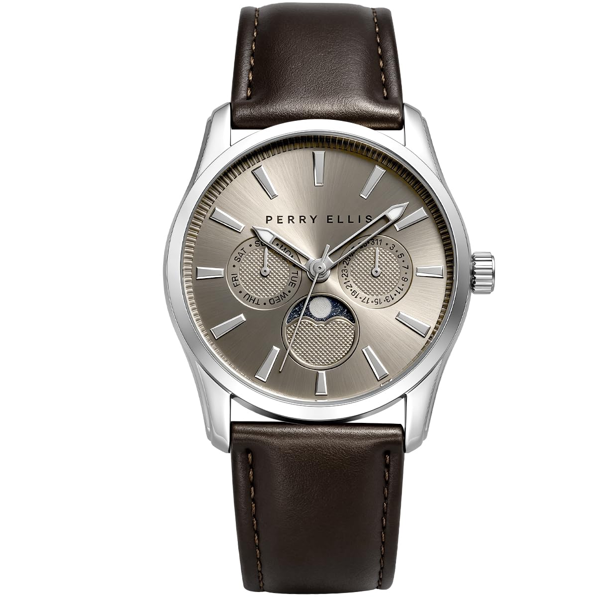 Perry Ellis Men's Round Moonphase Watch, Sunray Dial, PU Strap