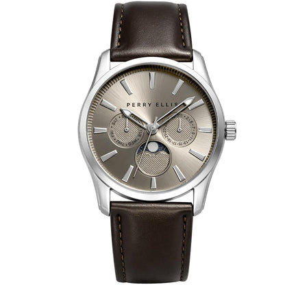 Perry Ellis Men's Round Moonphase Watch, Sunray Dial, PU Strap