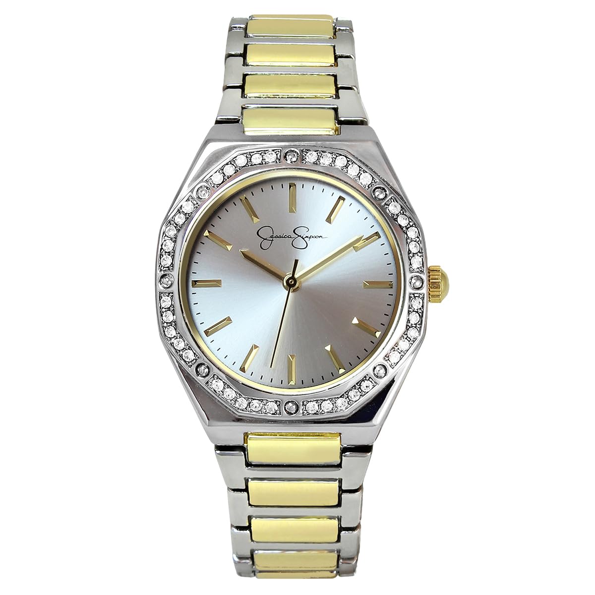 Jessica Simpson Women’s Round Two Tone Watch 32mm Silver Sunray Dial Crystal Bezel