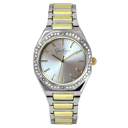 Jessica Simpson Women’s Round Two Tone Watch 32mm Silver Sunray Dial Crystal Bezel