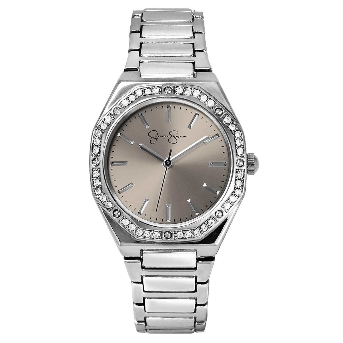 Jessica Simpson Women’s Round Silver Watch 32mm Beige Sunray Dial Crystal Bezel
