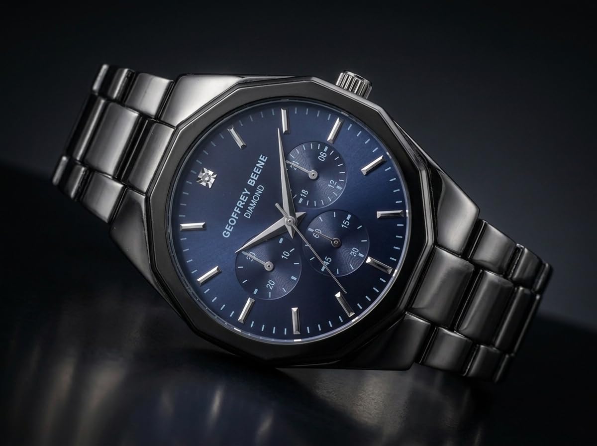 Geoffrey Beene Men’s Round Gunmetal Watch 43mm Blue Sunray Dial Bracelet Diamond Accent