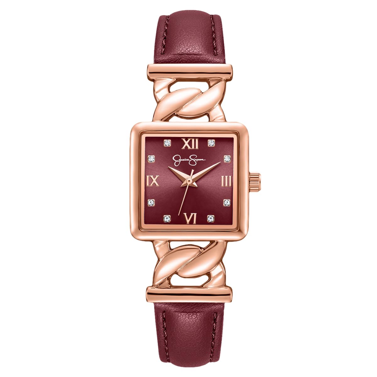 Jessica Simpson Women’s Square Rose Gold Watch 23mm Burgundy Dial PU Strap