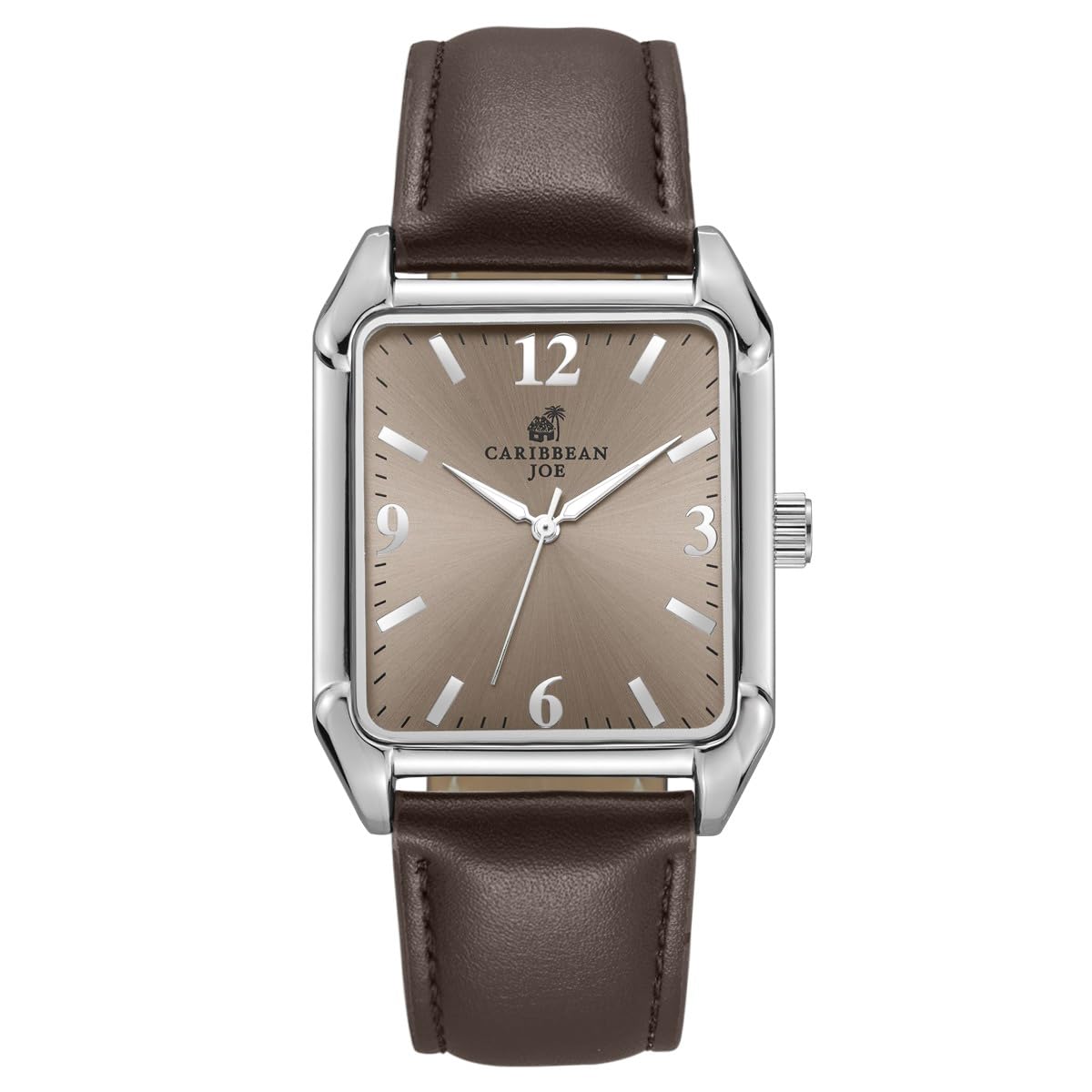 CARIBBEAN JOE Men’s Watch, 36mm Rectangular Case, Silvertone, Brown Sunray Dial, Luminous Indexes, Dark Brown PU Strap