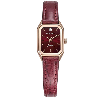 ELLEN TRACY Women's 20mm Round Rose Goldtone Watch, Burgundy Dial, Diamond Accent, Leather Band