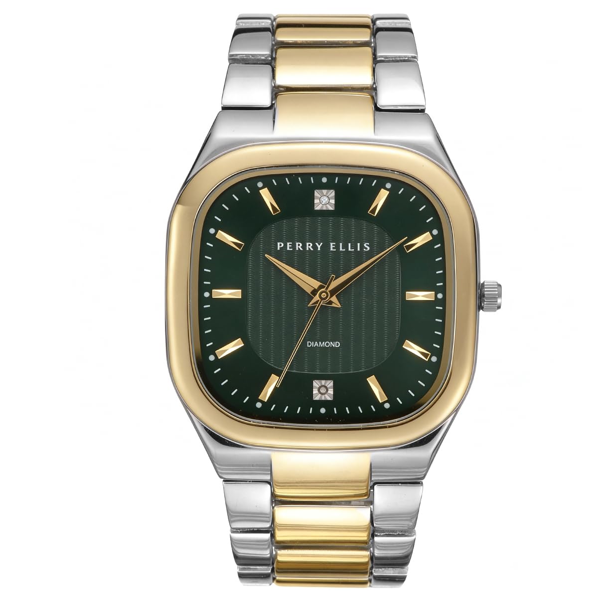 Perry Ellis Ultra Slim Men’s Watch – Cushion Light Gun 40mm Case, Teal Blue Hydraulic Press Center Dial with Sunray Finish, Two 0.9mm Diamond Accents, Silver Faceted Indexes, Alloy Bracelet
