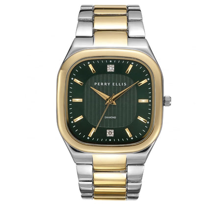 Perry Ellis Ultra Slim Men’s Watch – Cushion Light Gun 40mm Case, Teal Blue Hydraulic Press Center Dial with Sunray Finish, Two 0.9mm Diamond Accents, Silver Faceted Indexes, Alloy Bracelet