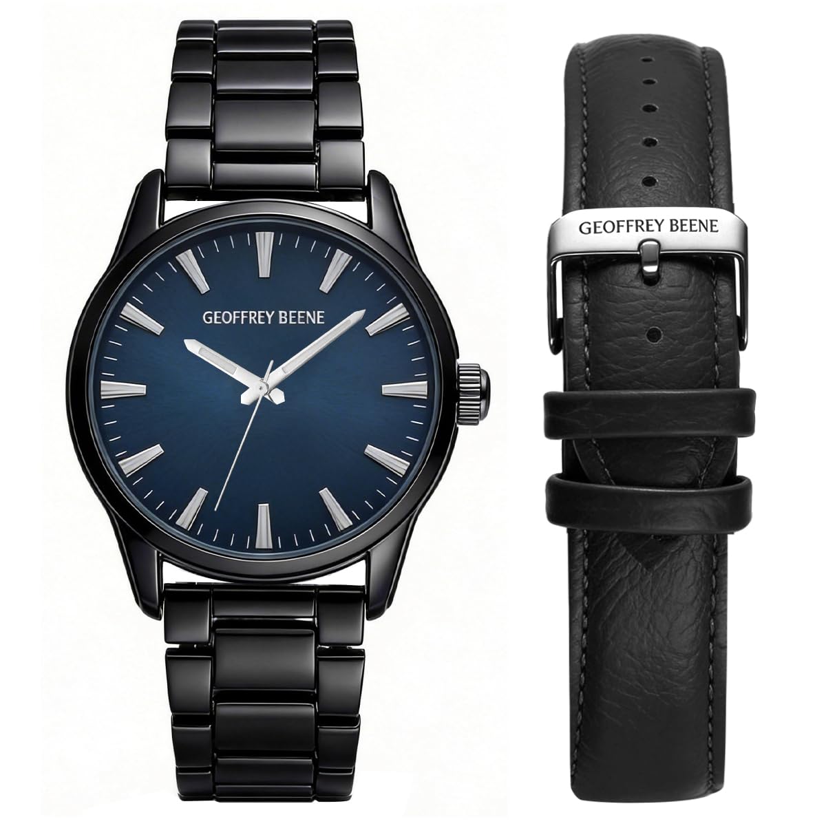 Geoffrey Beene Men’s Watch Set Round Gunmetal 42mm Blue Sunray Dial Strap & Bracelet