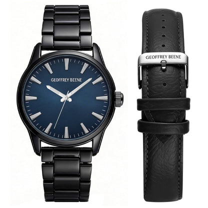 Geoffrey Beene Men’s Watch Set Round Gunmetal 42mm Blue Sunray Dial Strap & Bracelet