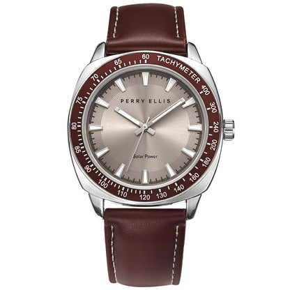 Perry Ellis Solar Powered Men's Watch – Vegan Leather Analog Wrist Watch for Men, Water-Resistant 43mm with Aluminum Tachymeter Bezel, Elegant Gift Choice