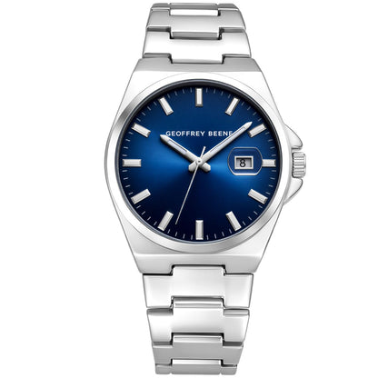 Geoffrey Beene Men’s Round Silver Watch 40mm Blue Sunray Dial Bracelet Date Window