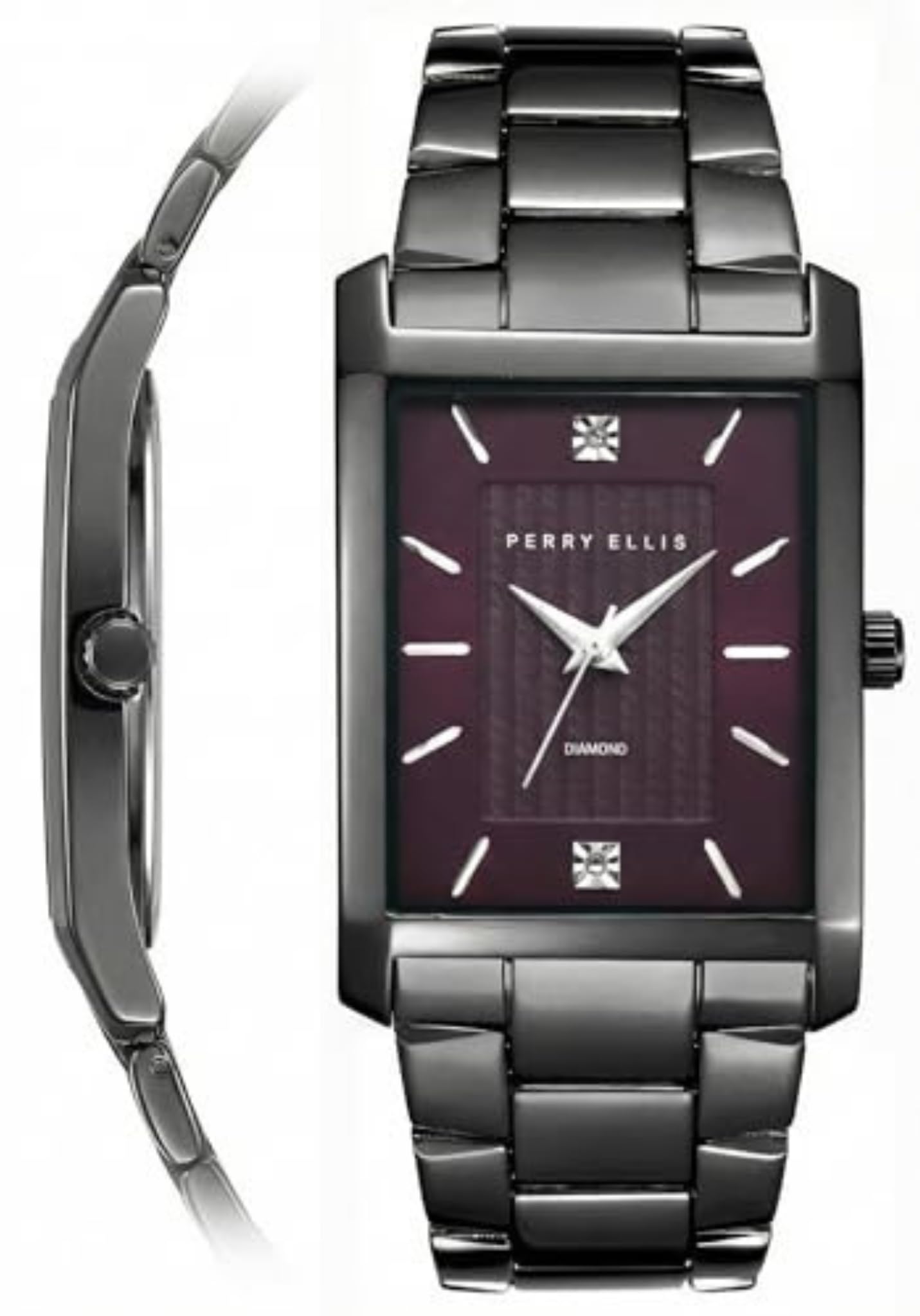 Perry Ellis Ultra Slim Men's Watch – Rectangular Gunmetal, Aubergine Textured Dial with Diamond Accents, Silver Faceted Indexes, Gunmetal Stretch Bracelet, Quartz Analog Fashion Accessory