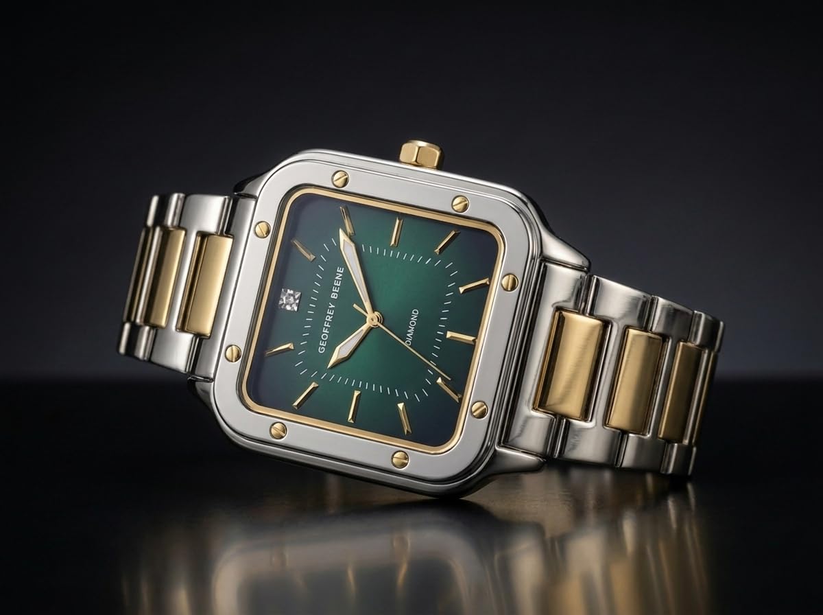 Geoffrey Beene Men’s Cushion Two Tone Watch 41mm Green Gradient Sunray Dial Bracelet Diamond Accent