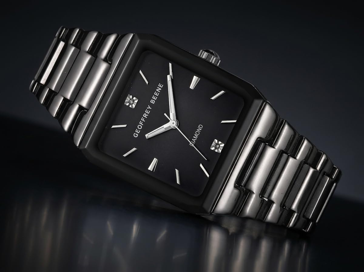 Geoffrey Beene Men’s Square Gunmetal Watch 33mm Black Sunray Dial Bracelet Diamond Accent