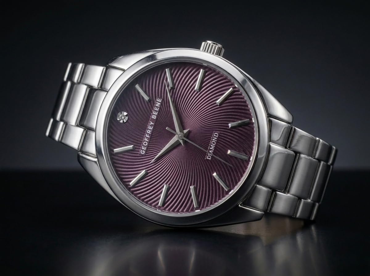 Geoffrey Beene Men’s Round Silver Watch 41mm Aubergine Textured Dial Bracelet Diamond Accent