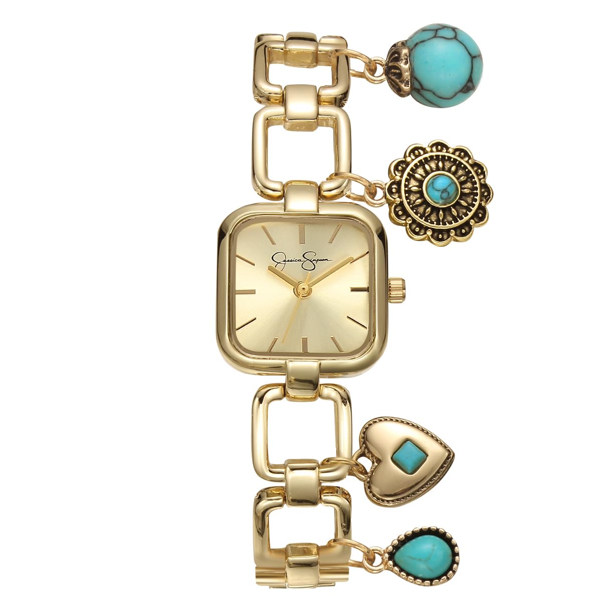 Jessica Simpson Charm Watch for Women - Gold Square 22mm Case, 4 Hanging Charms, Bracelet Style, Analog Quartz, Fashion Jewelry Accessory Gift (Gold)