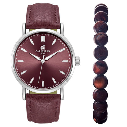 CARIBBEAN JOE Men’s Watch & Red Tiger Eye Beaded Bracelet Set – 41mm Silver-Tone Case, Burgundy Sunray Dial, Luminous Silver-Tone Markers, Burgundy PU Strap, 8mm Natural Stone 8” Bracelet