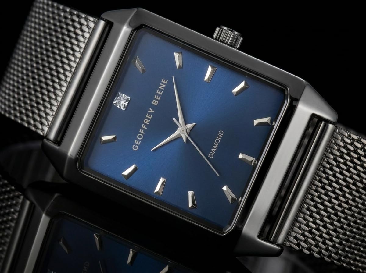 Geoffrey Beene Men’s Rectangular Gunmetal Watch 33mm Blue Sunray Dial Mesh Bracelet Diamond Accent