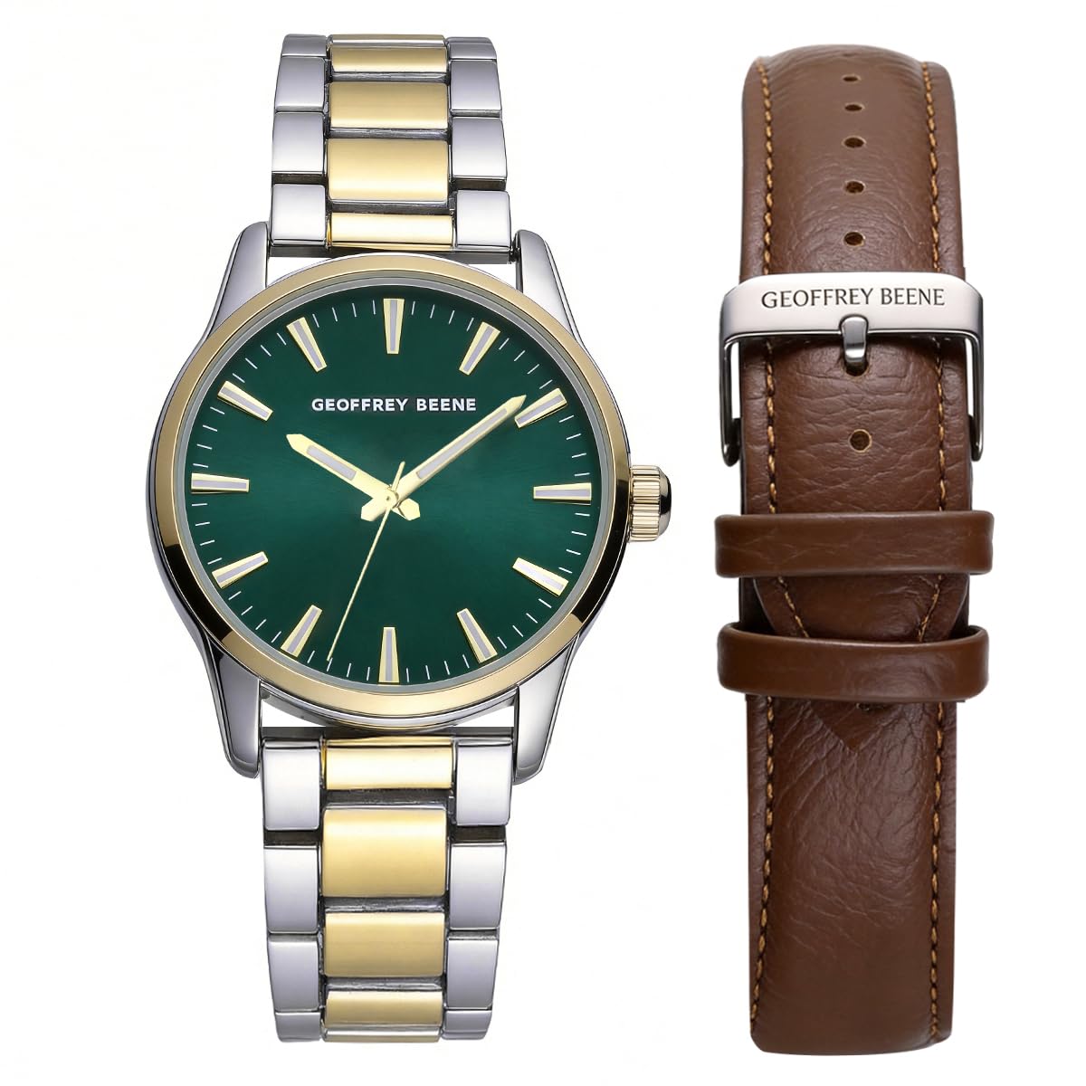 Geoffrey Beene Men’s Watch Set Round Two Tone 42mm Green Sunray Dial Strap & Bracelet