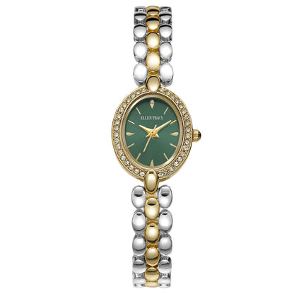 ELLEN TRACY Women's 20mm Oval Two Tone Silver/Gold Watch, Green Dial, Crystal Accents, Bracelet Band
