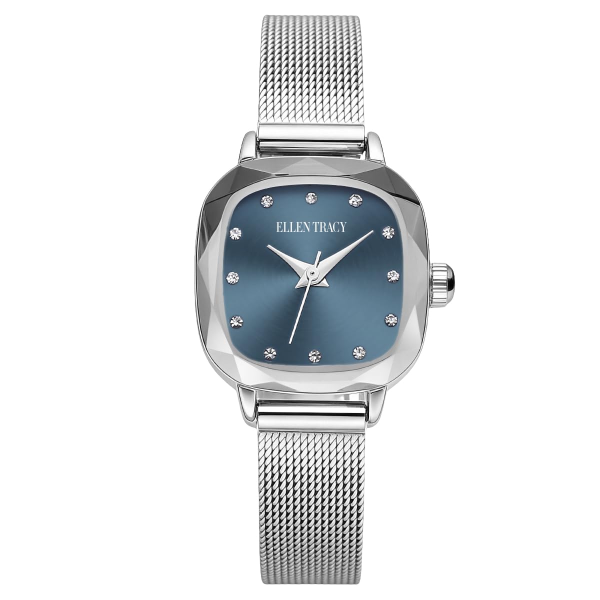 ELLEN TRACY Women's 22.5mm Cushion Silvertone Watch, Teal Dial, Crystal Accents, Mesh Band