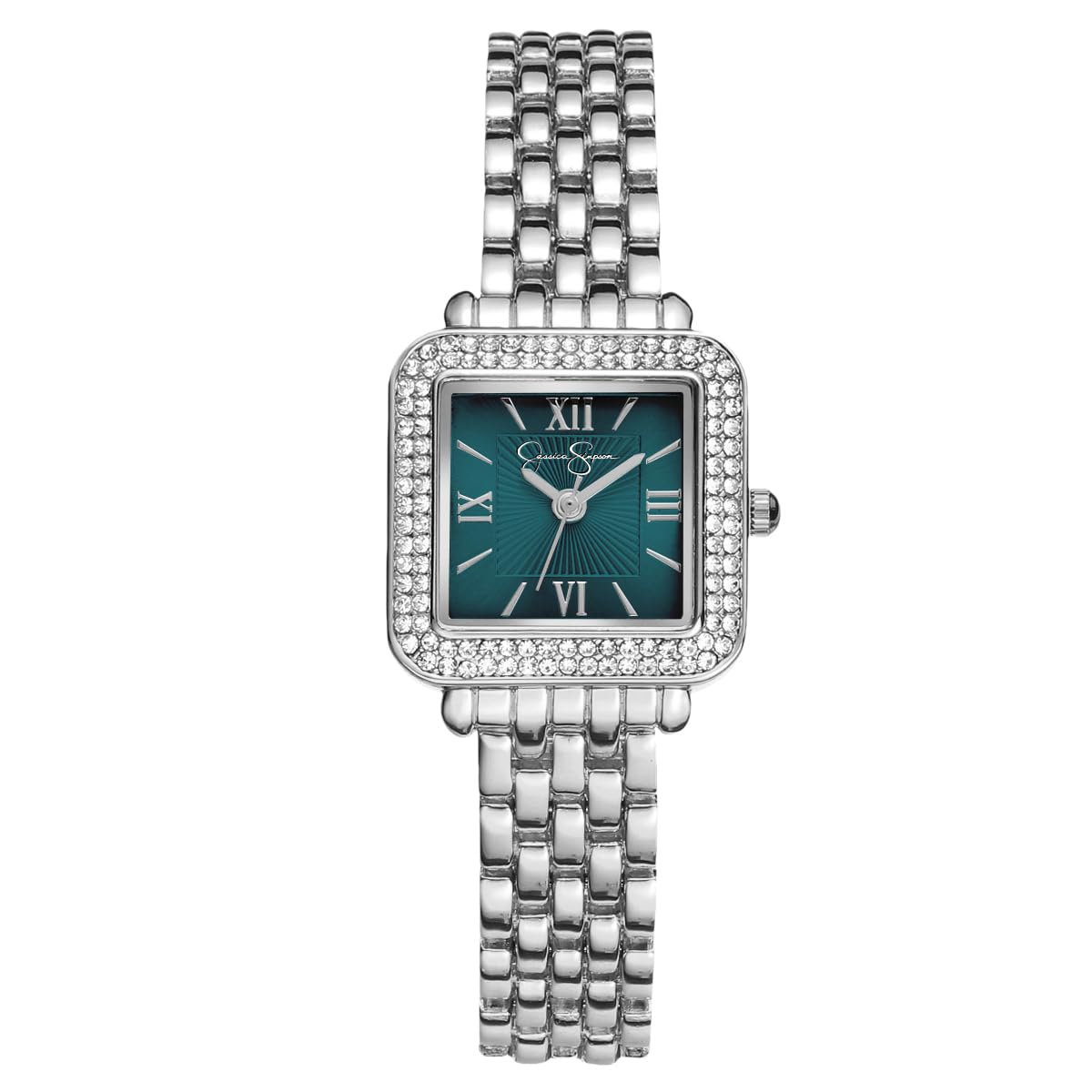 Jessica Simpson Women’s Square Silver Watch 23.5mm Teal Dial Crystal Bezel Bracelet
