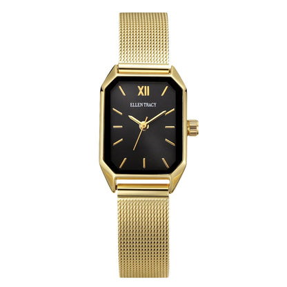 ELLEN TRACY Women's 20mm Rectangle Goldtone Watch, Black Dial, Mesh Band