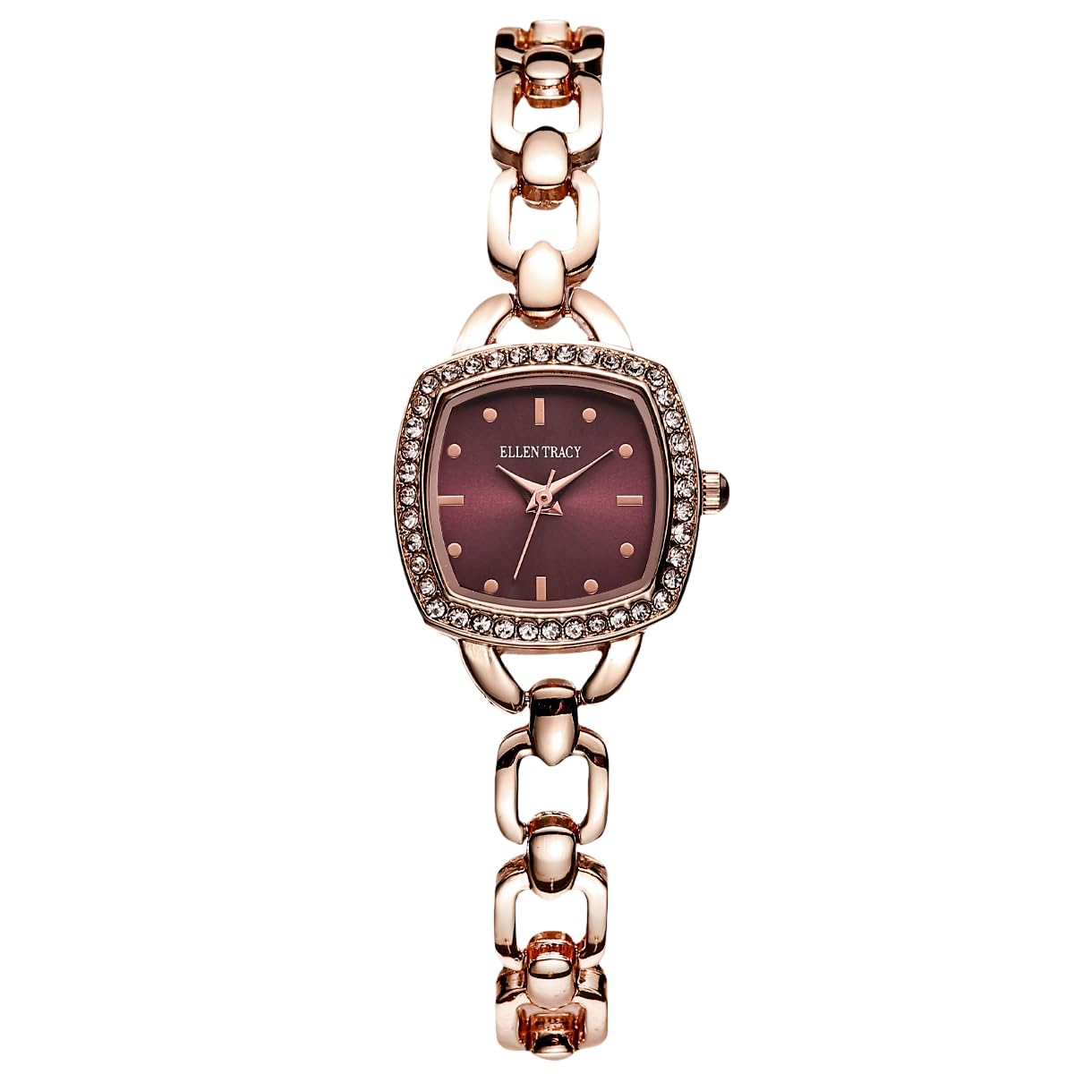ELLEN TRACY Women's 22mm Cushion Rose Goldtone Watch, Burgundy Dial, Crystal Accents, Bracelet Band