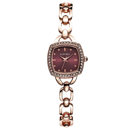 ELLEN TRACY Women's 22mm Cushion Rose Goldtone Watch, Burgundy Dial, Crystal Accents, Bracelet Band
