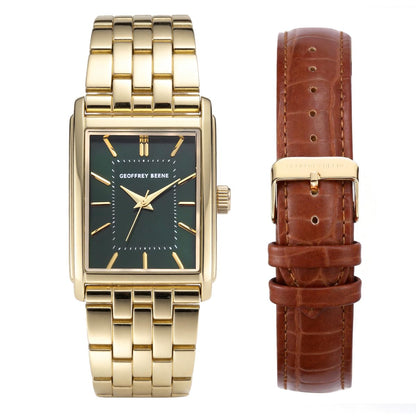 Geoffrey Beene Men’s Watch Set Rectangular Gold 31mm Green Sunray Dial Strap & Bracelet