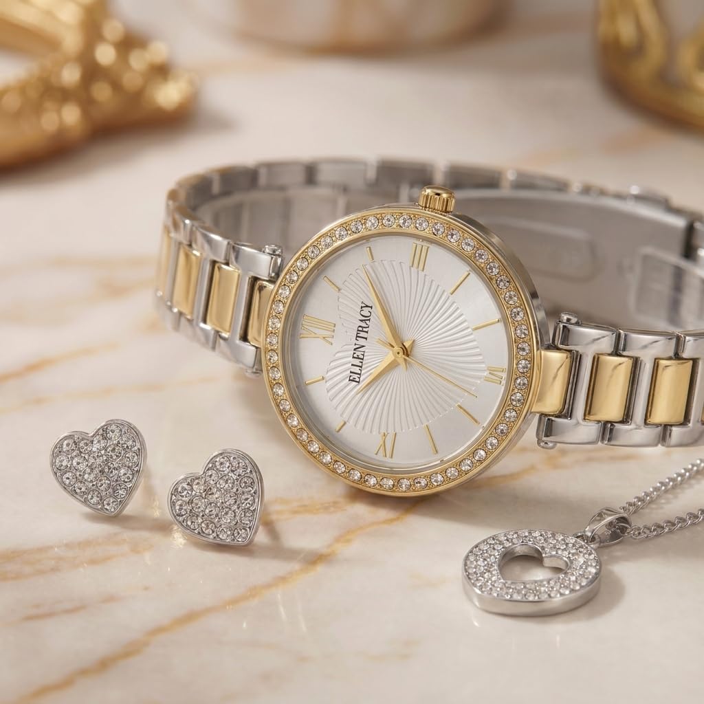 ELLEN TRACY Women's Analog Watch – Polished Round Case, Metal Bracelet, Foldover Clasp, Battery Powered Quartz, Designed for Women Who Dress with Intention